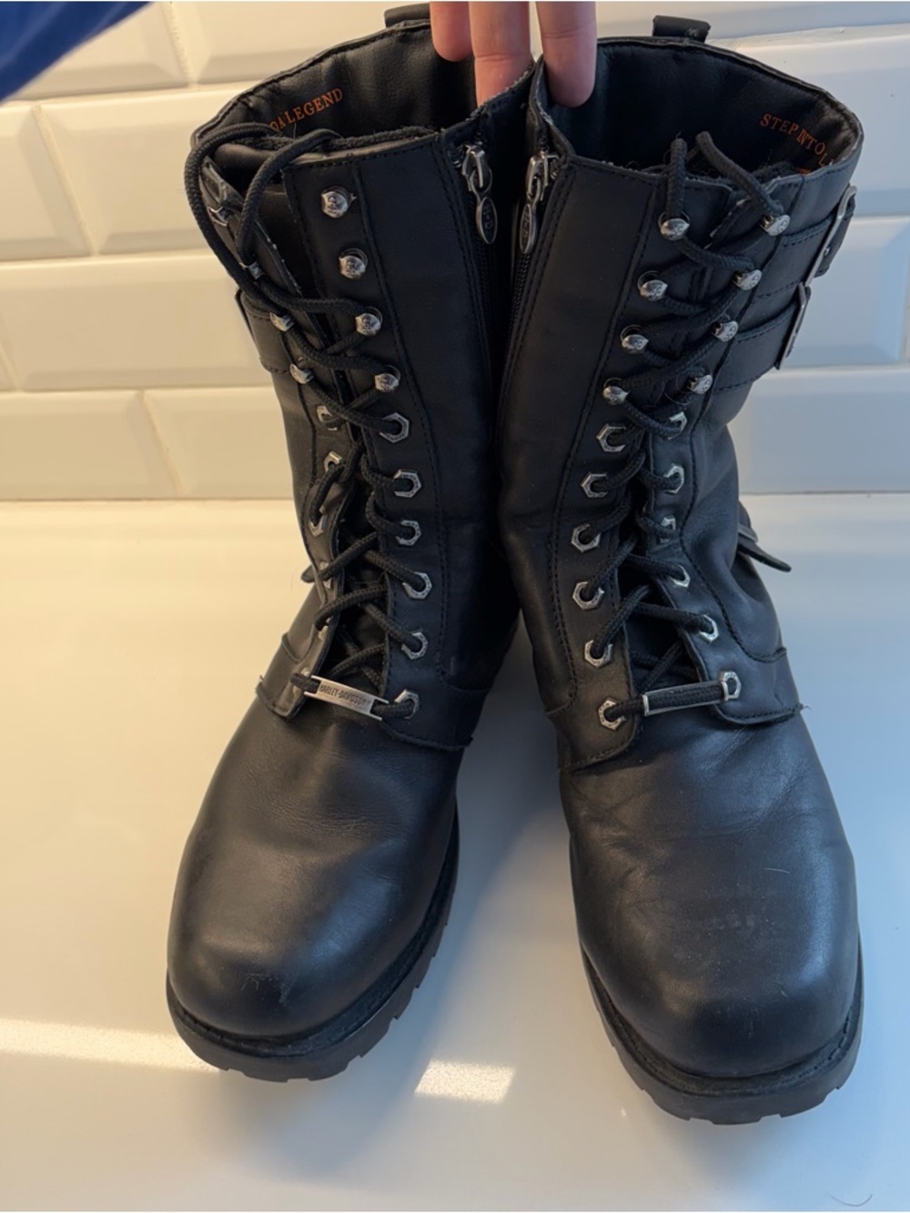 Harley-Davidson Black Lace-Up Motorcycle Boots with side Zippers - Size 11